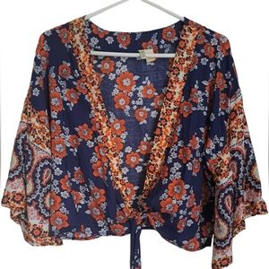 JAPNA bohemian floral flowly orange blues shrug tie shirt top M